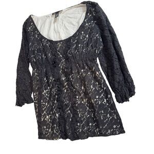 INC Black Lace Long Sleeve Top Sheer Floral Stretch Size L